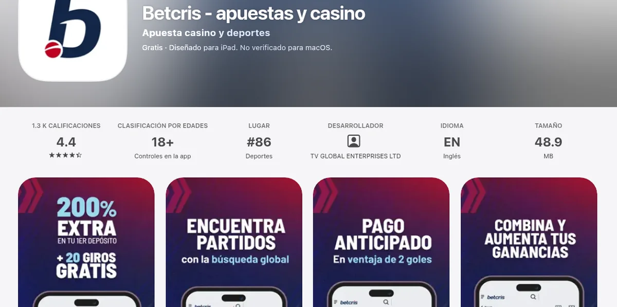 Ficha de la app Betcris en la App Store: 4.4 estrellas con 1.293 calificaciones, puesto 86 en Deportes y 48.9 MB