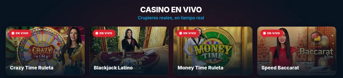 Casino en vivo de Betcris con las mesas de Crazy Time Ruleta, Blackjack Latino, Money Time Ruleta y Speed Baccarat