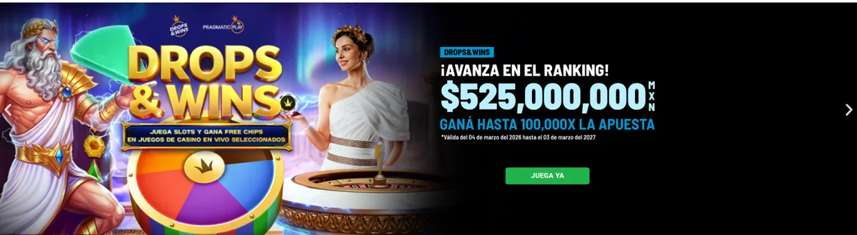Portada del casino de Betcris con la promoción Drops & Wins de Pragmatic Play y el ranking de $525,000,000 con premios de hasta 100,000 veces la apuesta