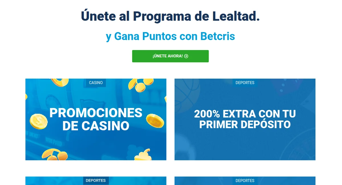 Promociones de Betcris: 200% extra con el primer depósito, 15% todos los miércoles, 50% extra en recarga y 100% extra en recarga