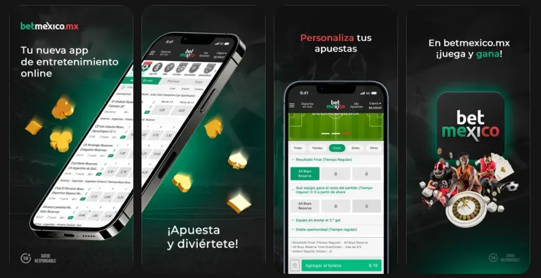 Capturas de la app de Betmexico: cartelera de fútbol con momios, creador de apuestas personalizado y acceso al casino