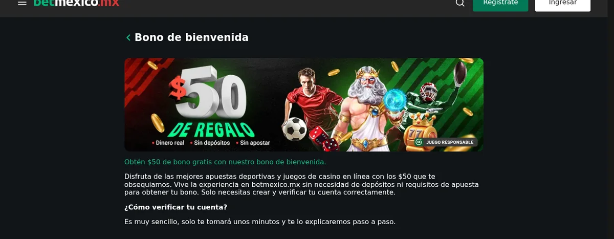 Bono de bienvenida de Betmexico: $50 de regalo en dinero real, sin depósitos y sin requisito de apuesta, solo verificando la cuenta