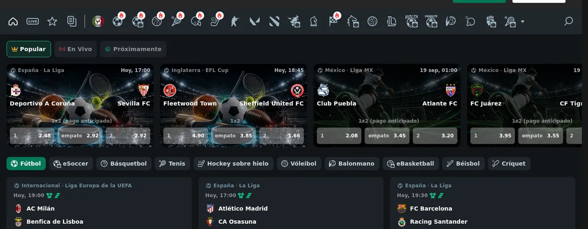 Cartelera de Betmexico con la barra de deportes, los partidos de Liga MX de Puebla contra Atlante, Juárez contra Tigres y Atlético San Luis contra Necaxa, y los momios de cada uno