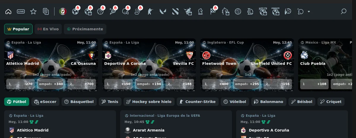 Sección de deportes de Betmexico con el acceso LIVE, las pestañas Popular, En Vivo y Próximamente, partidos con pago anticipado y la barra de deportes con fútbol, eSoccer, tenis y Counter-Strike
