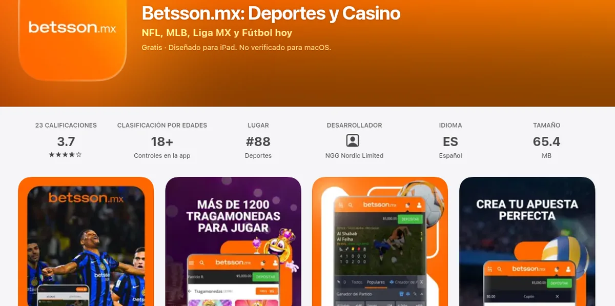 Ficha de la app Betsson.mx en la App Store: 3.7 estrellas con 23 calificaciones, puesto 88 en Deportes, idioma español y 65.4 MB
