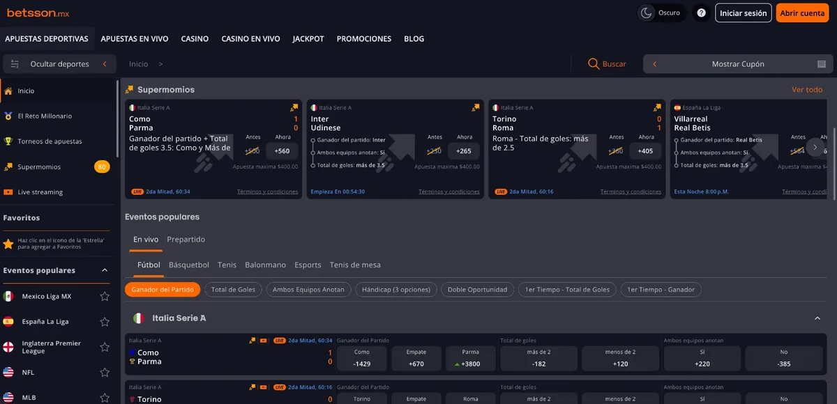 Sportsbook de Betsson en modo oscuro con el carrusel de Supermomios, los eventos populares en vivo de la Serie A y los mercados de ganador, total de goles y ambos equipos anotan