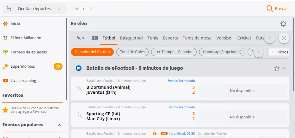 Sección en vivo de Betsson con filtros por deporte, mercados de ganador, total de goles y hándicap, y el menú lateral con Supermomios y Live streaming
