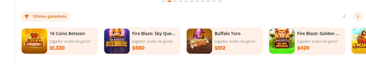 Sección de últimos ganadores del casino de Betsson con los premios de 16 Coins Betsson, Fire Blaze Sky Queen, Buffalo Toro y Fire Blaze Golden
