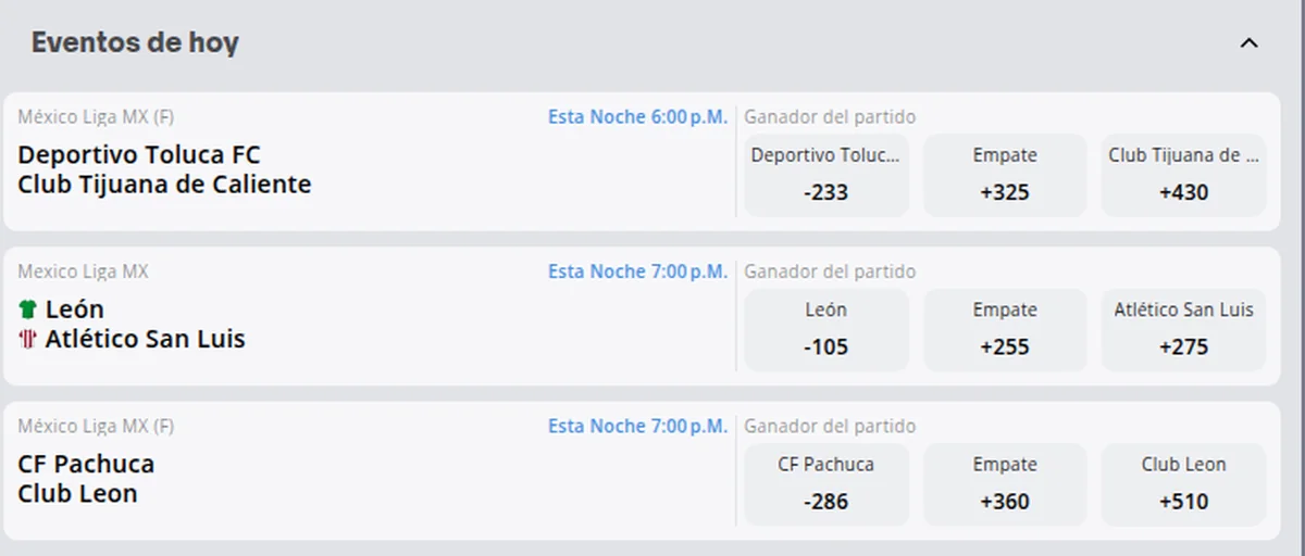 Cartelera de Liga MX en Betsson con los momios de ganador del partido de León contra Atlético San Luis, Deportivo Toluca contra Tijuana y Pachuca contra León