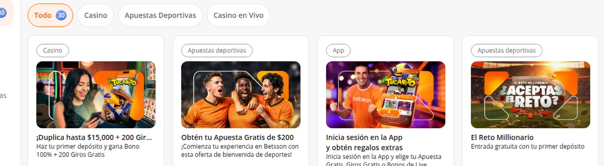 Promociones de Betsson: duplicar hasta $15,000 con 200 giros gratis en casino, apuesta gratis de $200 en deportes, regalos en la app y El Reto Millonario