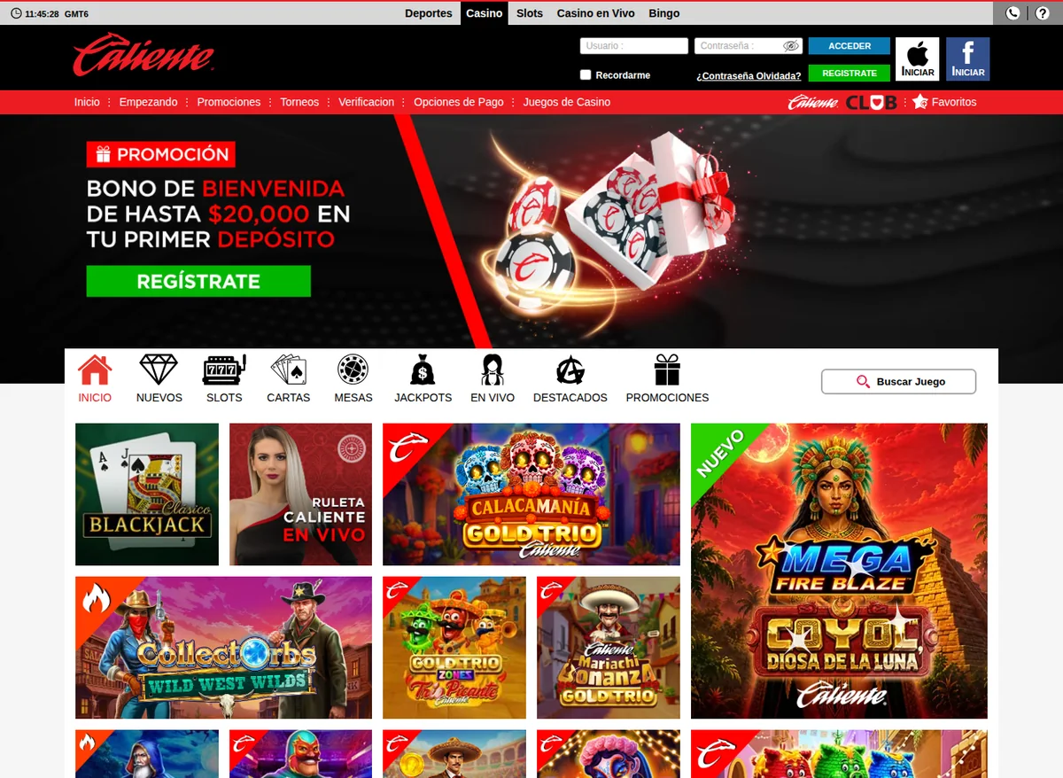Lobby del casino de Caliente con las slots exclusivas y el menú de juegos