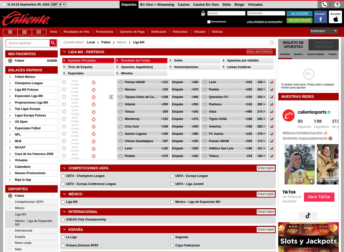 Sportsbook de Caliente con los momios de la Liga MX y el menú de deportes