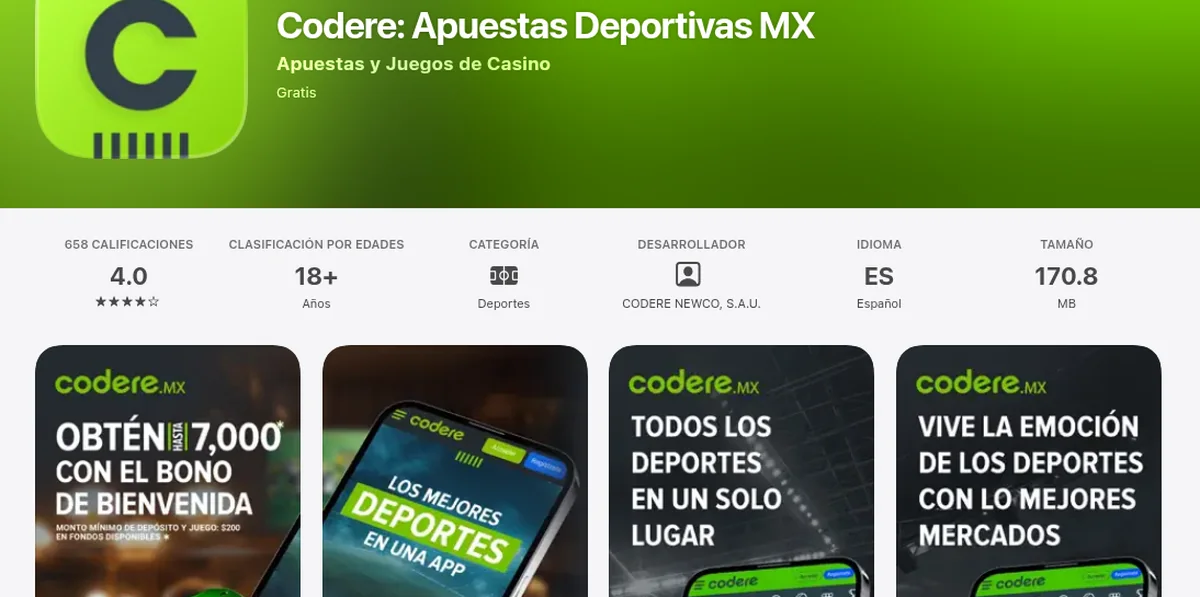 Ficha de la app Codere: Apuestas Deportivas MX en la App Store, con 4.0 estrellas de 658 calificaciones, 18+, idioma español y 170.8 MB