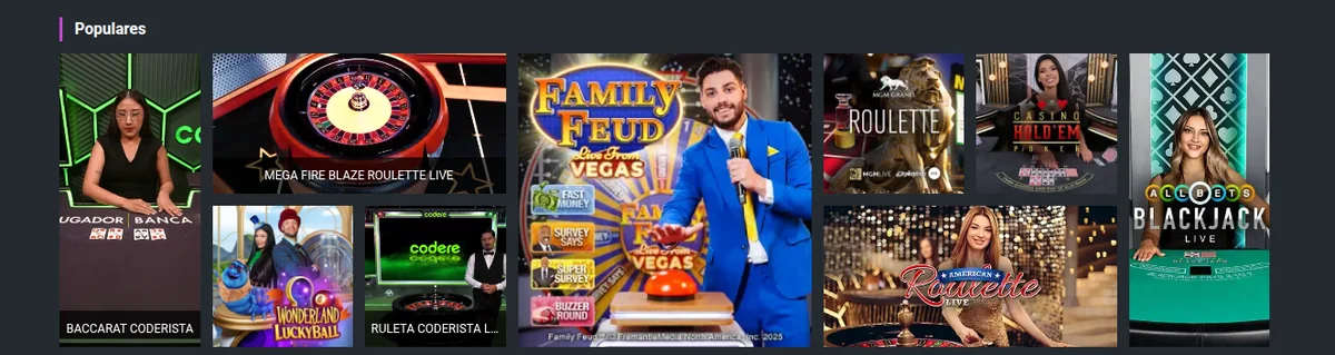 Mesas del casino en vivo de Codere: Baccarat Coderista y Ruleta Coderista con crupier propio, junto a Mega Fire Blaze Roulette, MGM Roulette y Family Feud Live