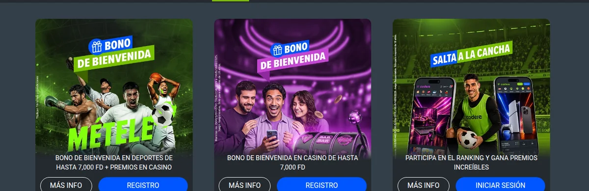 Bonos de bienvenida de Codere: hasta 7.000 FD en deportes con premios en casino, 7.000 FD en casino y el ranking con premios