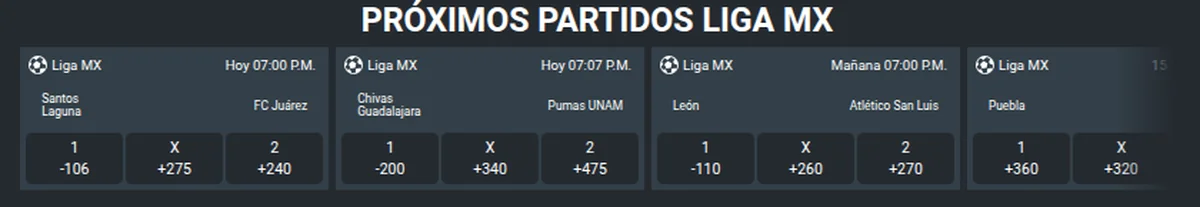 Próximos partidos de Liga MX en Codere con los momios de Santos Laguna contra FC Juárez, Chivas contra Pumas UNAM y León contra Atlético San Luis