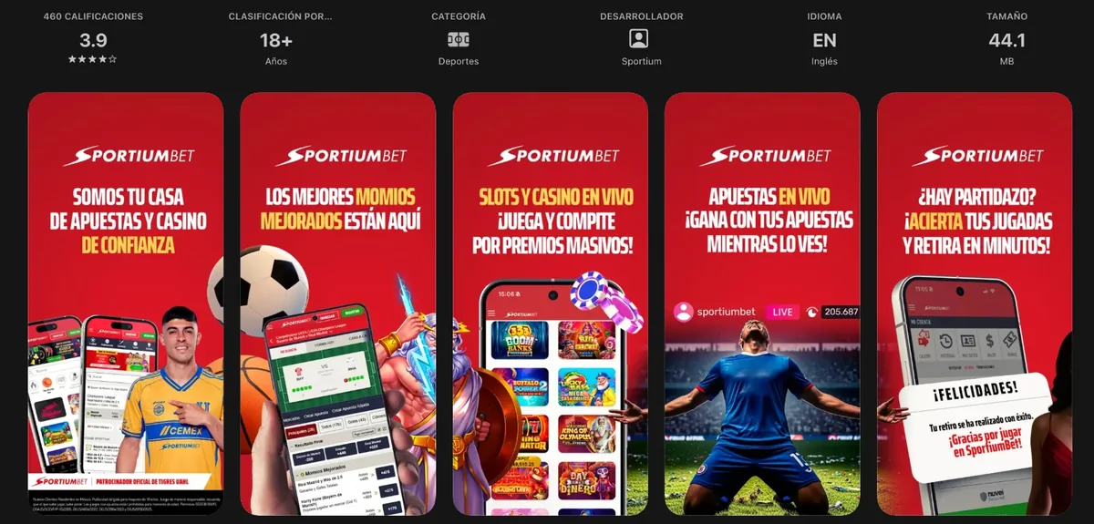 Ficha de la app de Sportiumbet en la App Store: 3.9 estrellas con 460 calificaciones, 44.1 MB y capturas de momios mejorados, slots y apuestas en vivo