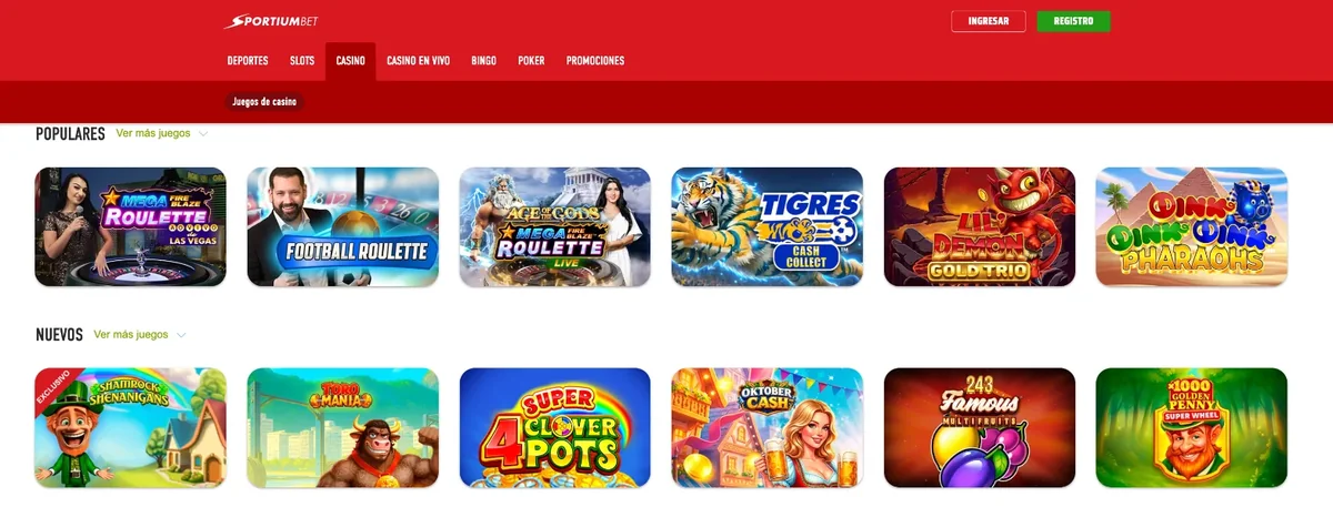 Lobby del casino de Sportiumbet con las secciones de juegos populares y nuevos, entre ellas Mega Roulette, Age of the Gods y Tigres Cash Collect