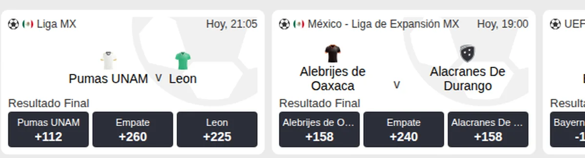 Sportsbook de Sportiumbet con los momios de resultado final de Pumas UNAM contra León en la Liga MX
