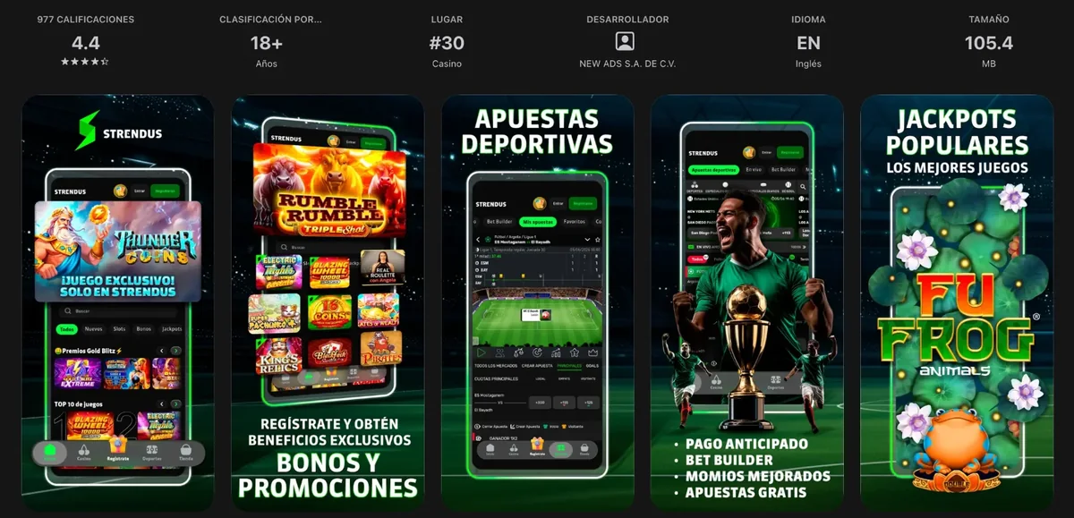 Ficha de la app de Strendus en la App Store: 4.4 estrellas con 977 calificaciones, capturas del casino, de las apuestas deportivas en vivo y de los jackpots