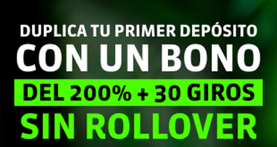 Banner del bono de bienvenida de casino de Strendus: 200% más 30 giros gratis