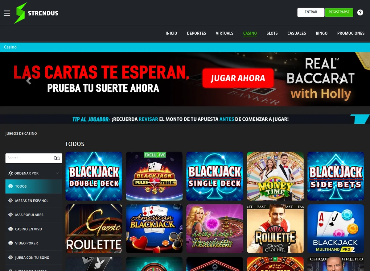 Lobby del casino de Strendus con las categorías de slots y juegos en vivo