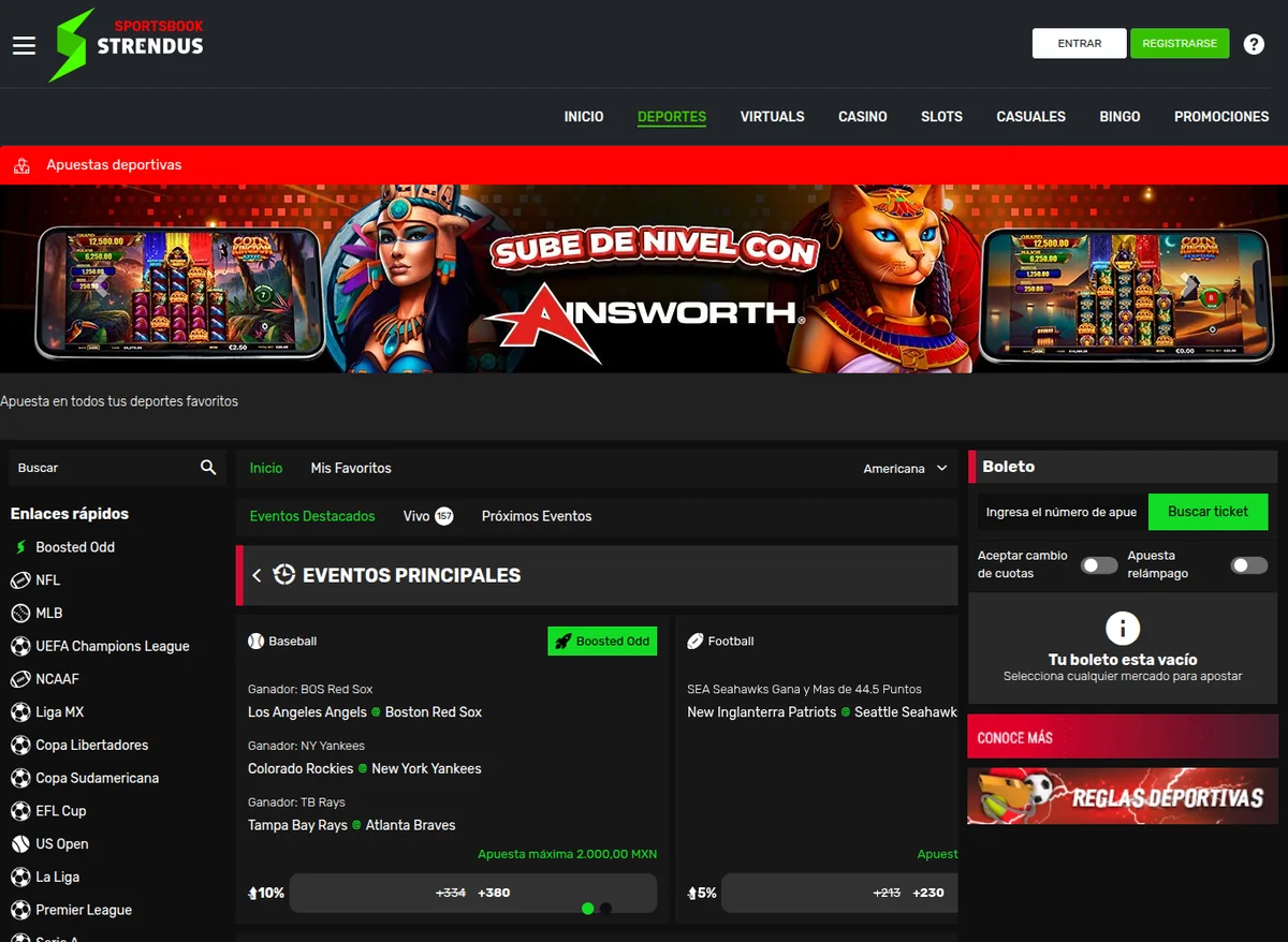 Sportsbook de Strendus con los momios de la NFL y los eventos principales