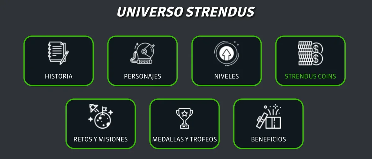Secciones del programa VIP Universo Strendus: historia, personajes, niveles, Strendus Coins, retos y misiones, medallas y beneficios