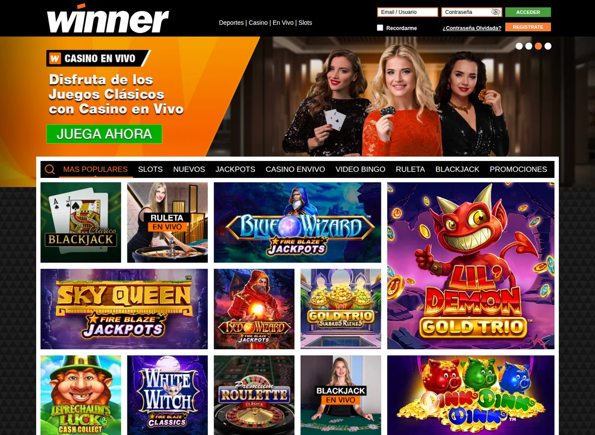 Lobby del casino de Winner con las pestañas de slots, jackpots, casino en vivo y ruleta