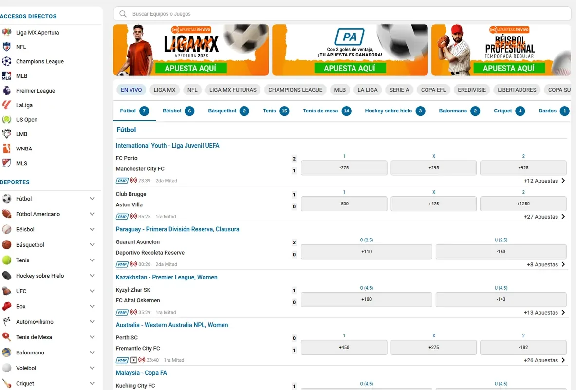 Sportsbook de Winner con los momios de Liga MX, los accesos directos por deporte y los eventos en vivo