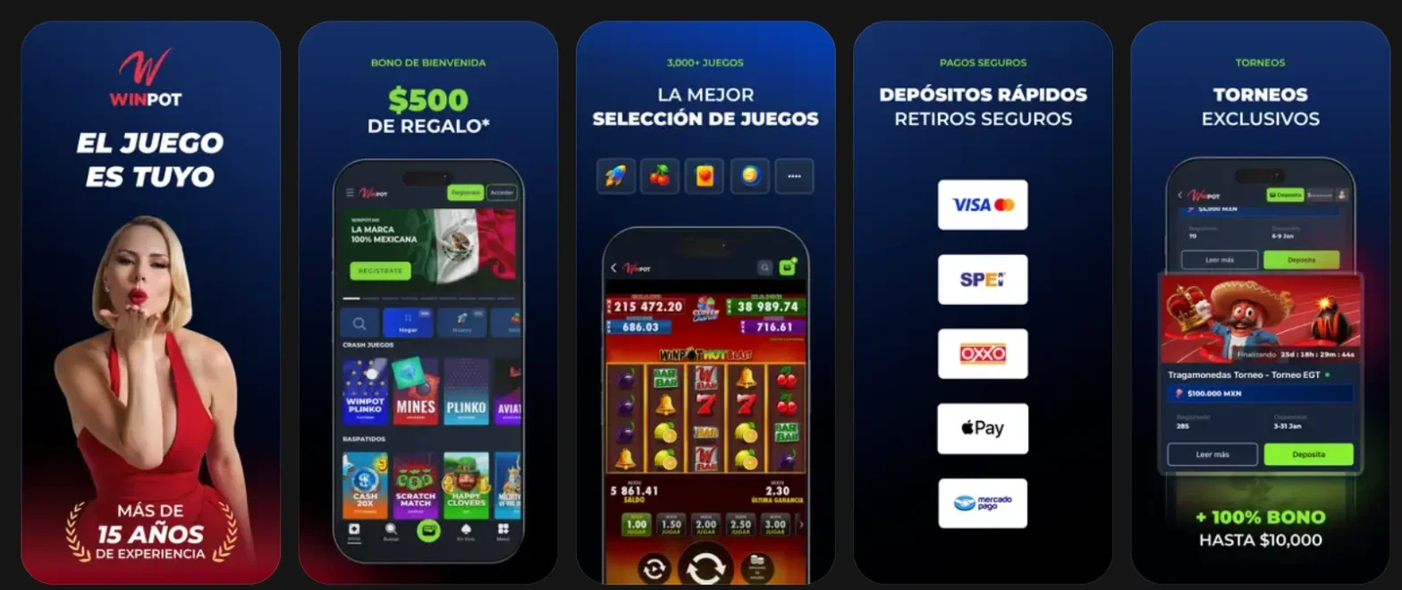 Capturas de la app de Winpot en la App Store: bono de bienvenida, catálogo de juegos, pagos y torneos