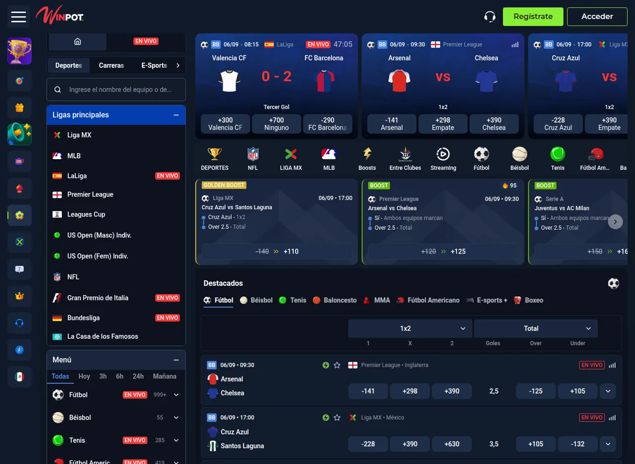 Sportsbook de Winpot con momios de Liga MX y Premier League y la pestaña de streaming