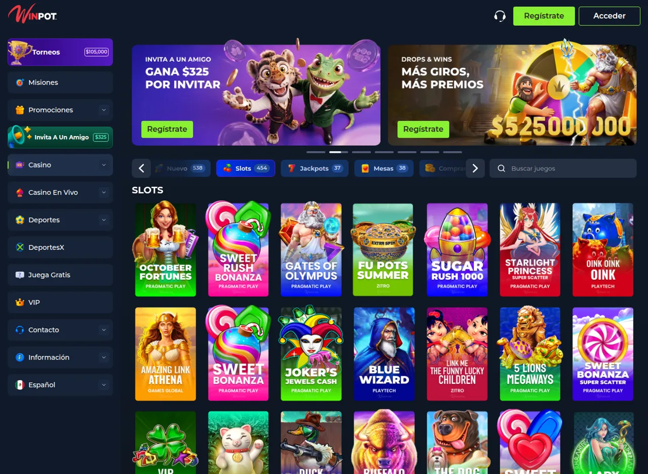 Lobby de slots del casino de Winpot con los proveedores Pragmatic Play, Playtech y Zitro
