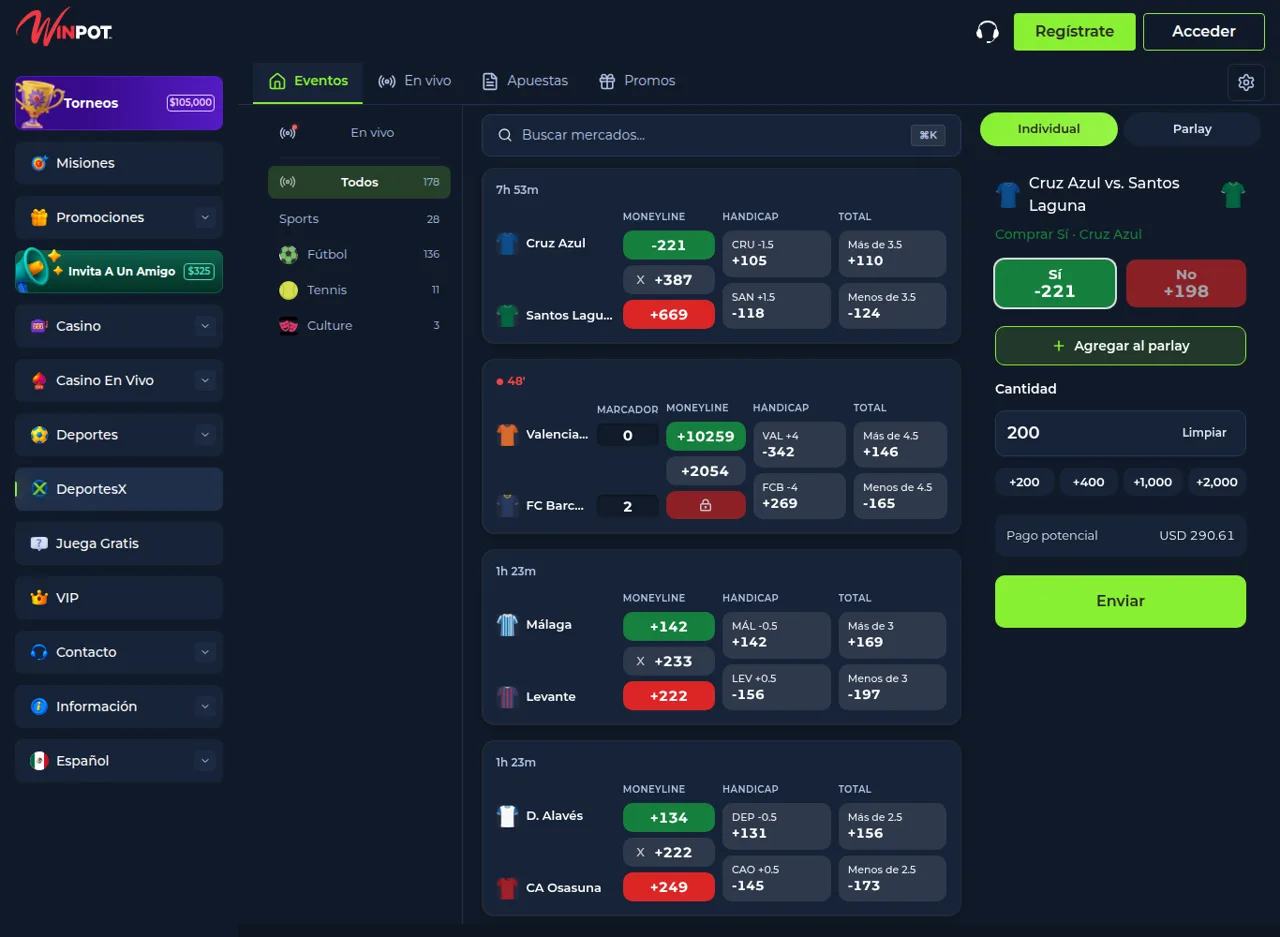 Momios de DeportesX de Winpot para Cruz Azul contra Santos Laguna, con moneyline, hándicap y total