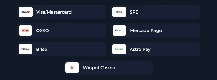 Métodos de pago de Winpot: Visa/Mastercard, SPEI, OXXO, Mercado Pago, Bitso, AstroPay y salas Winpot