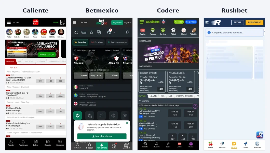Pantalla de inicio de deportes de Caliente, Betmexico, Codere y Rushbet en el celular