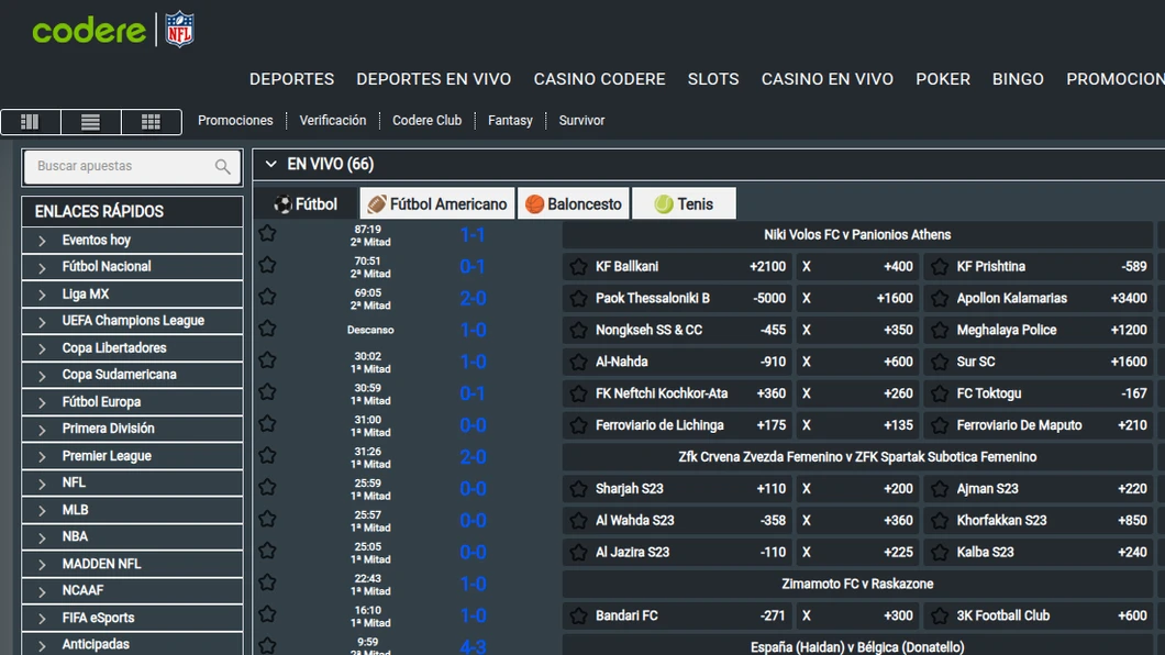 Sección en vivo de Codere con 66 eventos y los momios del resultado de cada partido