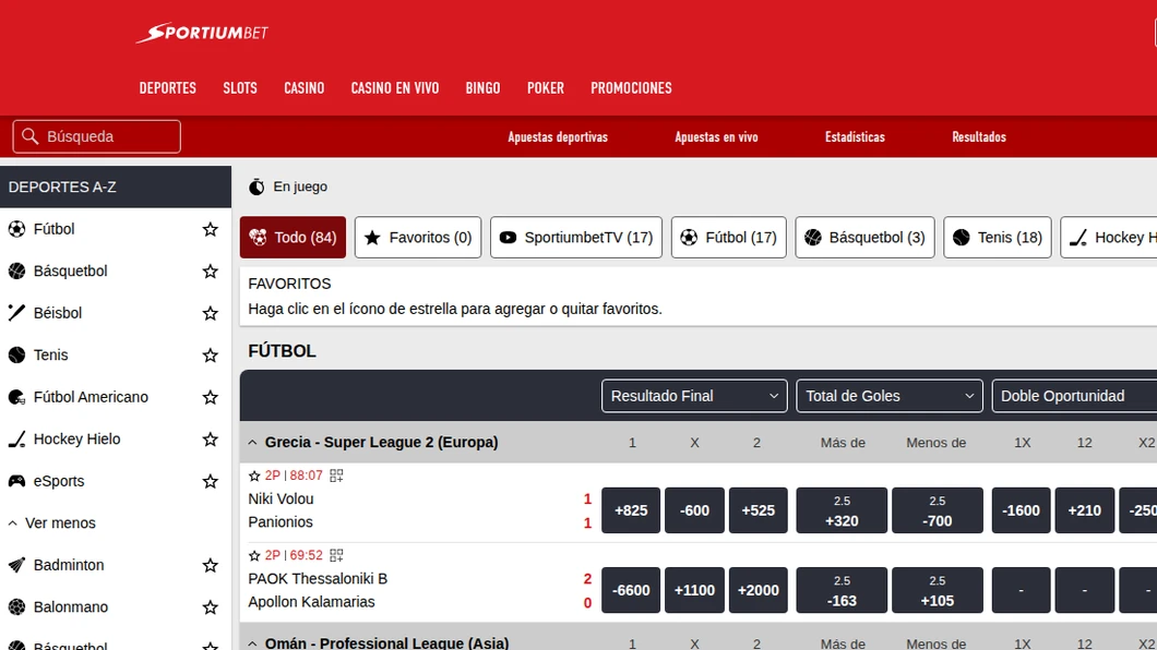 Sección de apuestas en vivo de Sportiumbet con 84 eventos y la pestaña SportiumbetTV con 17 partidos