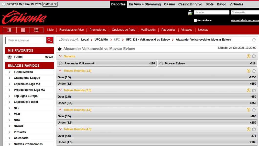 Mercados del Volkanovski vs Evloev en Caliente: ganador, totales de rounds de 1.5 a 4.5 y apuestas al round