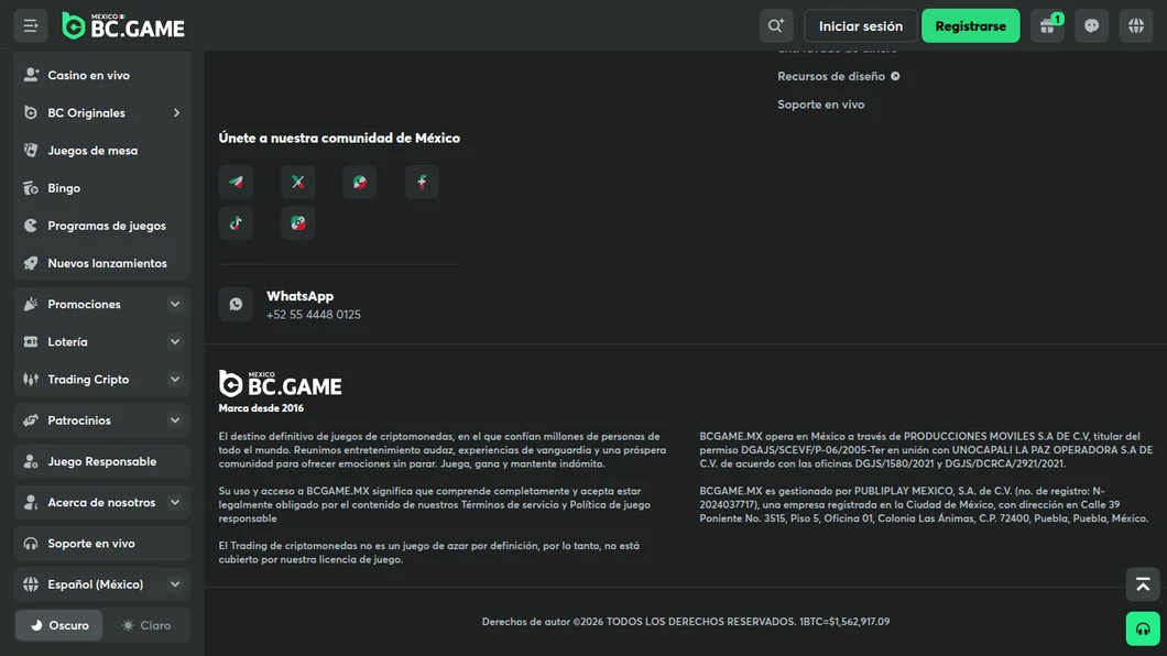 Pie de página de bcgame.mx con el permiso DGAJS/SCEVF/P-06/2005-Ter de Producciones Móviles, los oficios de la DGJS y la empresa Publiplay México