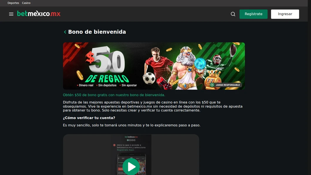 Página oficial del bono de bienvenida de Betmexico: $50 de regalo en dinero real, sin depósito y sin apostar