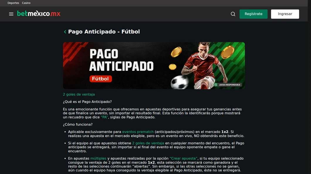 Página oficial del pago anticipado de fútbol de Betmexico: 2 goles de ventaja