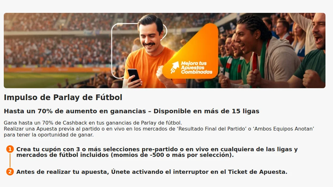 Página oficial del Impulso de Parlay de Fútbol de Betsson: hasta 70% de aumento en ganancias en más de 15 ligas