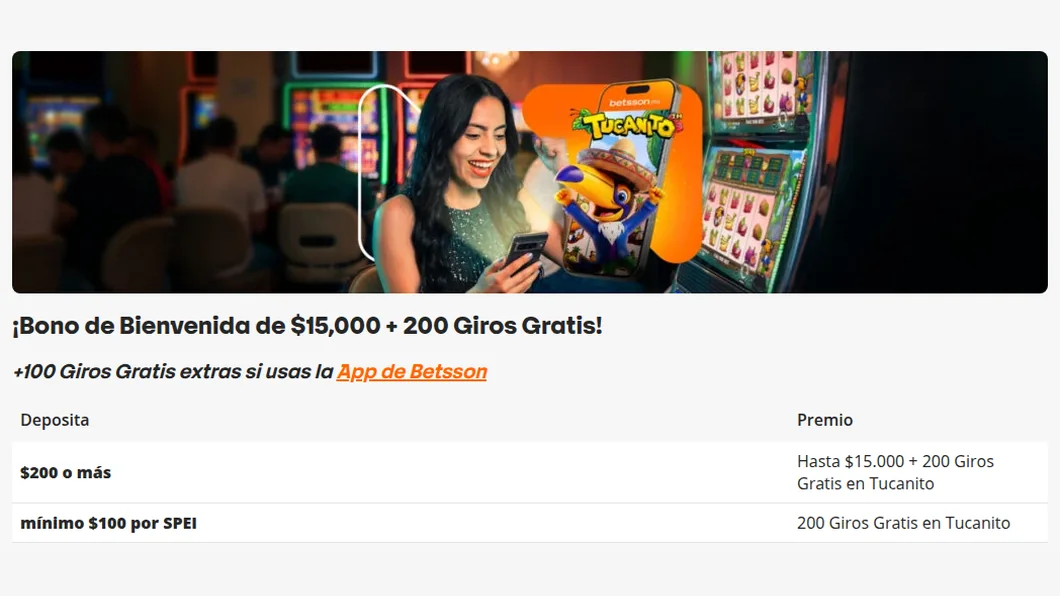 Página oficial del bono de bienvenida de casino de Betsson: hasta $15,000 más 200 giros gratis en Tucanito