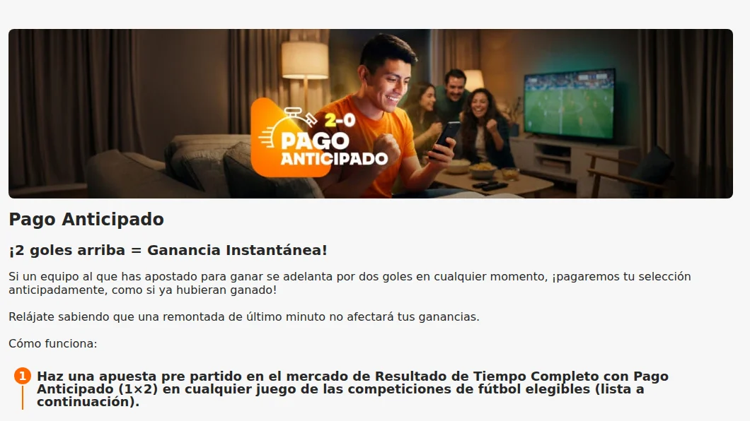 Página oficial del Pago Anticipado de Betsson: con dos goles arriba la apuesta se paga como ganadora