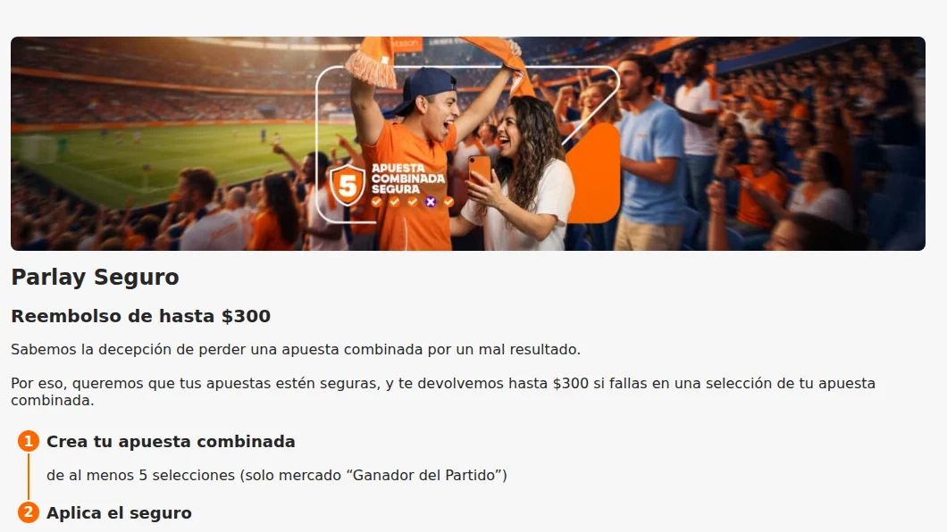 Página oficial del Parlay Seguro de Betsson: reembolso de hasta $300 si falla una selección de tu combinada de cinco