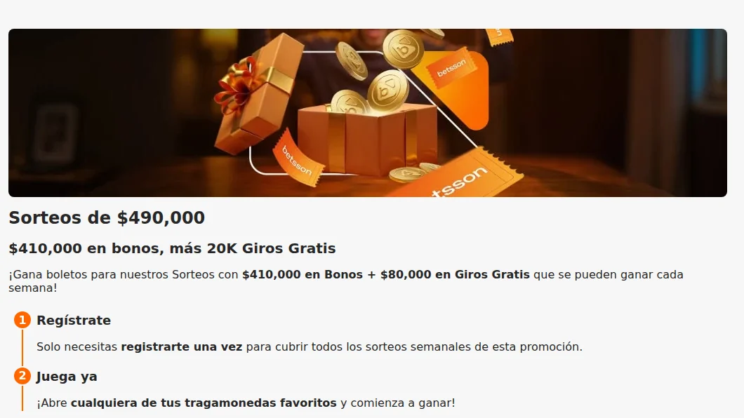 Página oficial de los sorteos de casino de Betsson: $490,000 semanales en bonos y giros gratis
