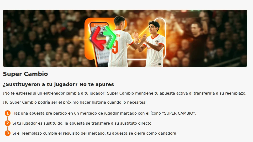 Página oficial del Super Cambio de Betsson: si sustituyen a tu jugador, la apuesta pasa a su reemplazo