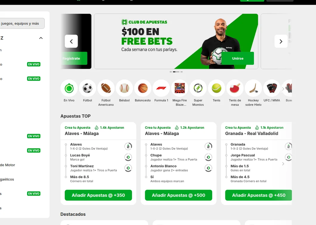 Portada de apuestas deportivas de Betway México con el Club de Apuestas de $100 en apuestas gratis y las apuestas Crea tu Apuesta más jugadas