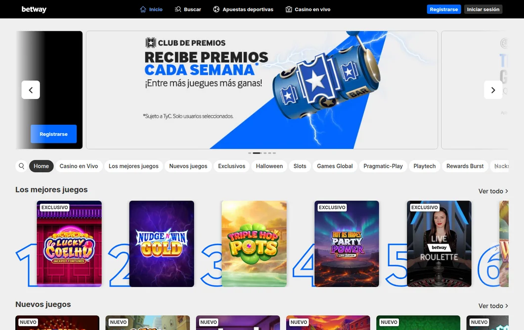 Lobby del casino de Betway México con Club de Premios, slots exclusivas y ruleta en vivo